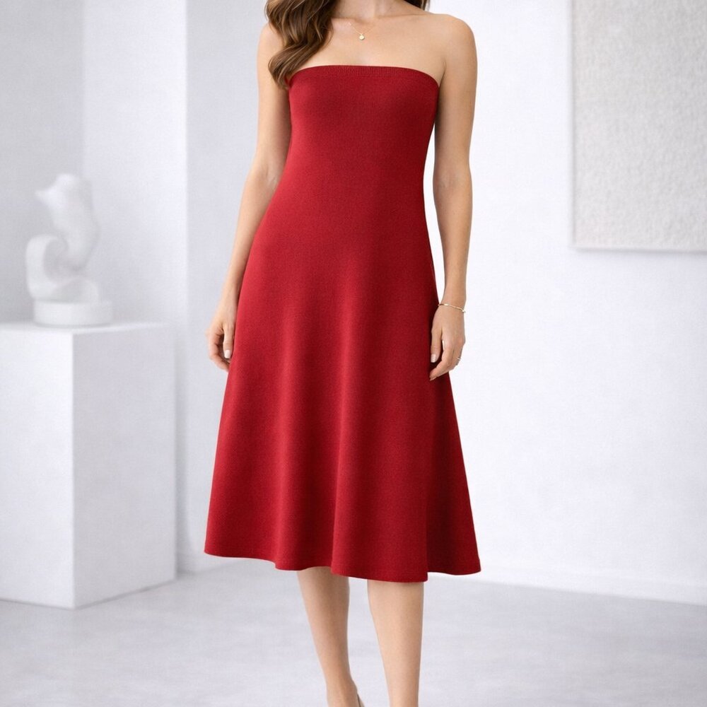 Eileen Fisher Women’s Red A-Line Midi Knit Dress XS Viscose Blend Minimalist